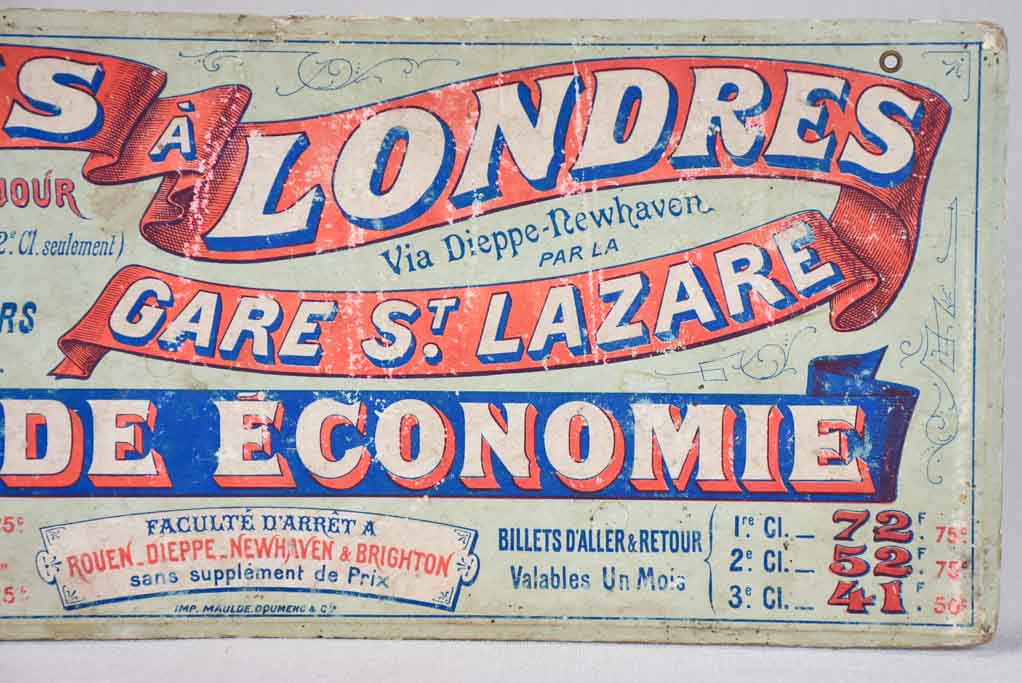 Early 20th-century train ticket sign - Paris to London 7" x 16½"