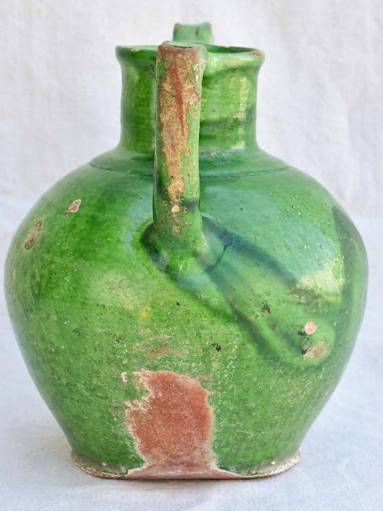 19th century French water pitcher with green glaze cruche orjol