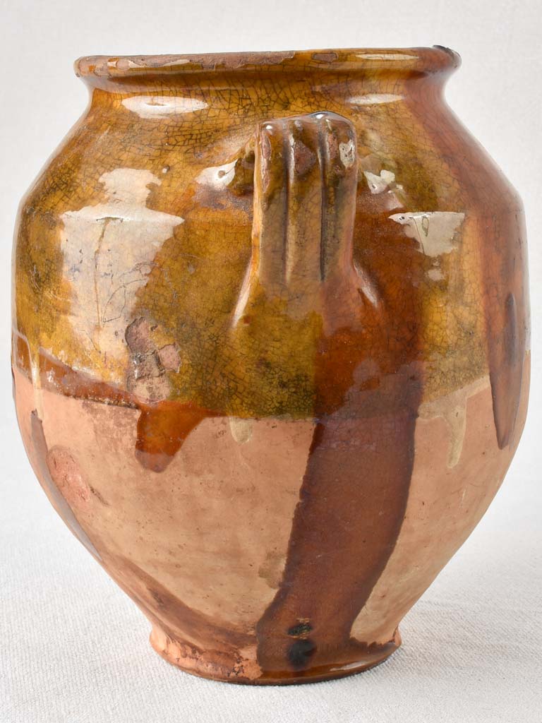 Antique French confit pot with brown glaze 8¾"