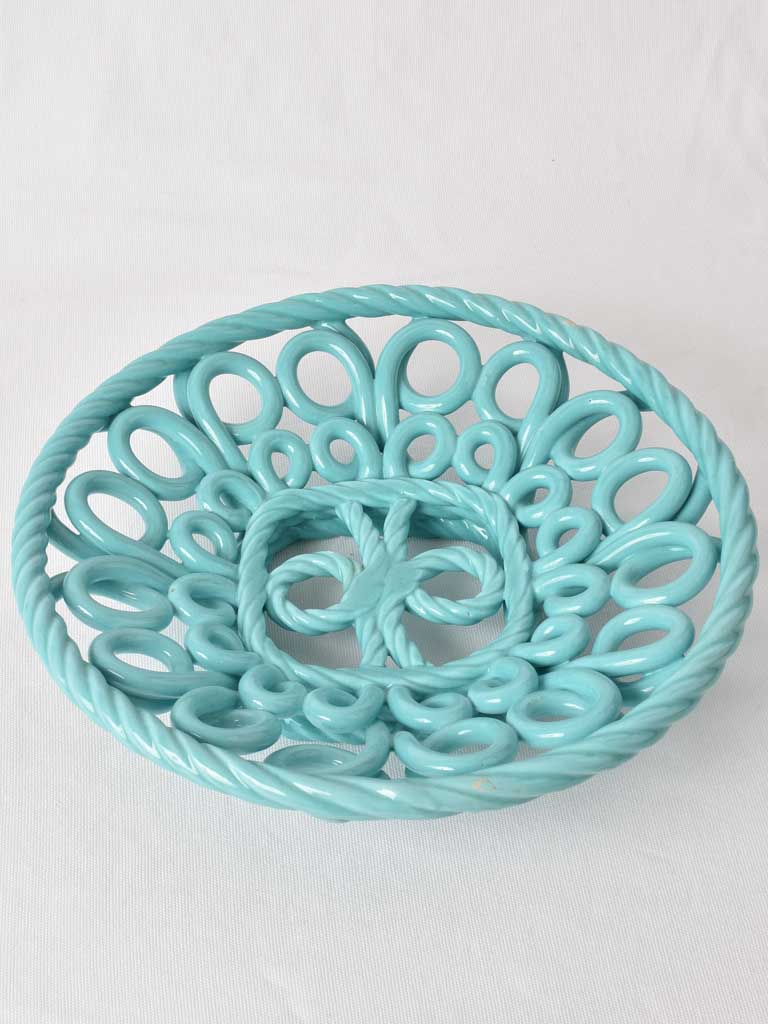 Very large aqua blue bowl - openwork ceramic 11"