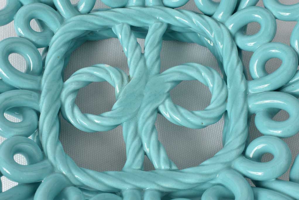 Very large aqua blue bowl - openwork ceramic 11"