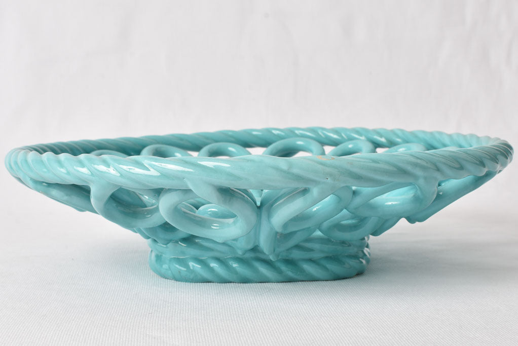 Very large aqua blue bowl - openwork ceramic 11"