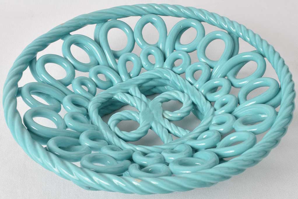 Very large aqua blue bowl - openwork ceramic 11"