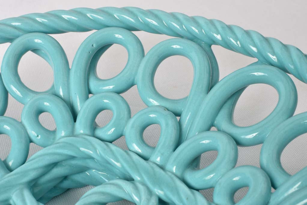 Very large aqua blue bowl - openwork ceramic 11"