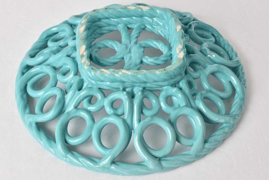 Very large aqua blue bowl - openwork ceramic 11"