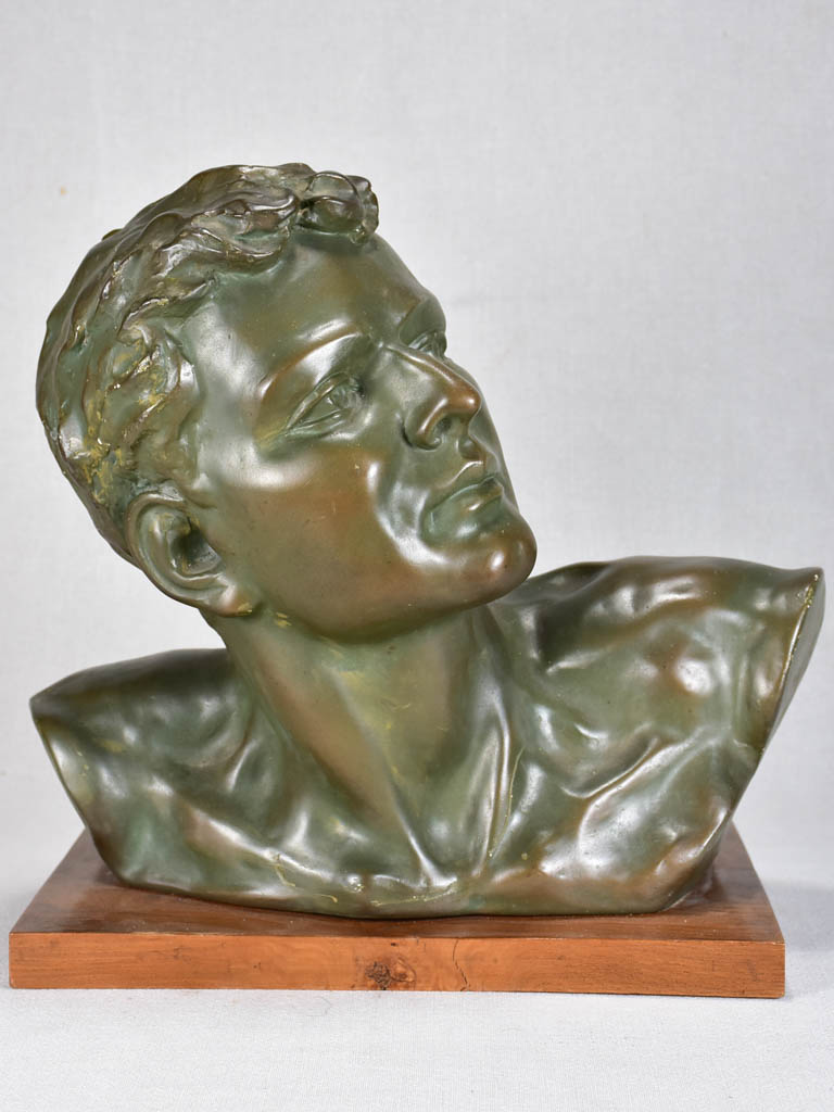 Art Deco plaster bust with green patina 15¼"