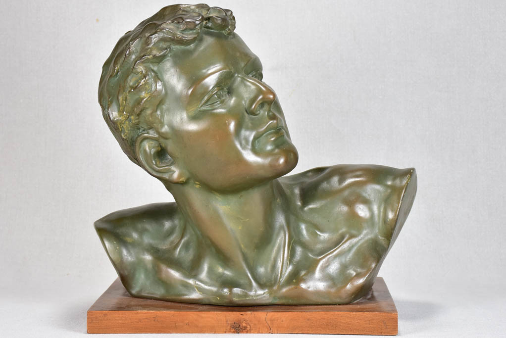 Art Deco plaster bust with green patina 15¼"