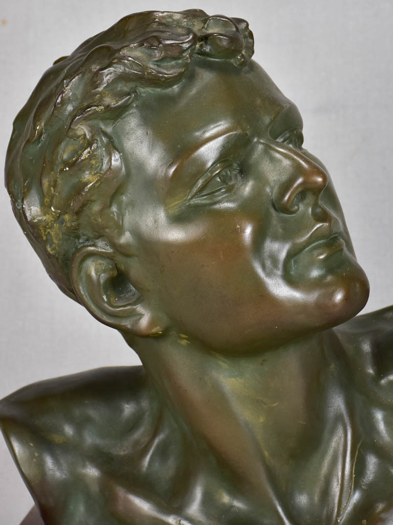 Art Deco plaster bust with green patina 15¼"