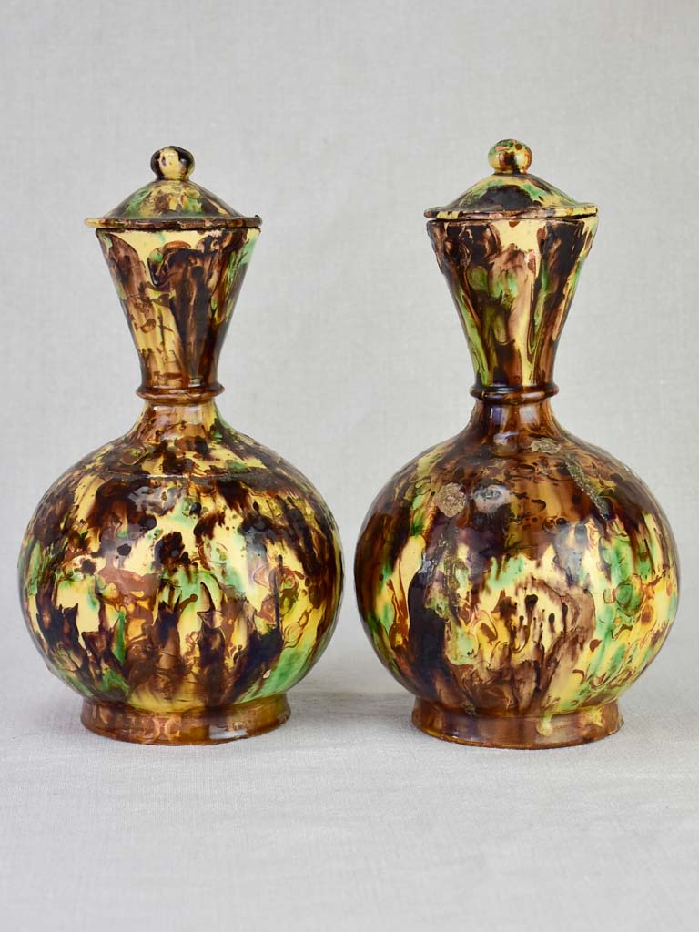 Pair of round clay pitchers with lids from Central France 11"