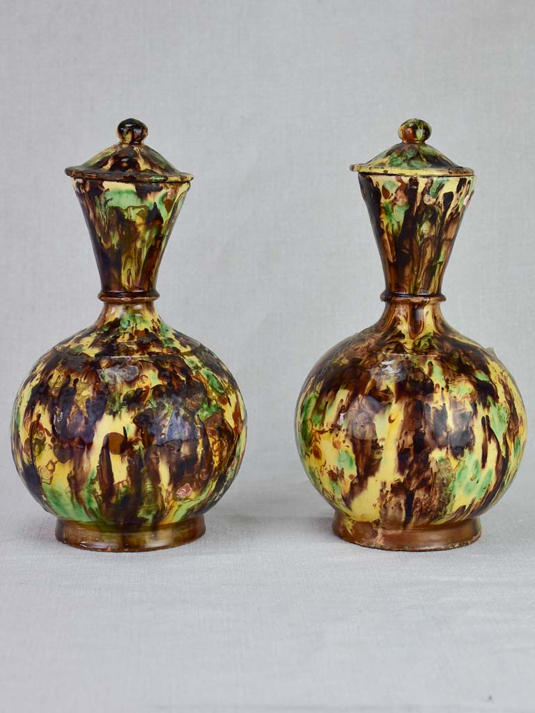 Pair of round clay pitchers with lids from Central France 11"