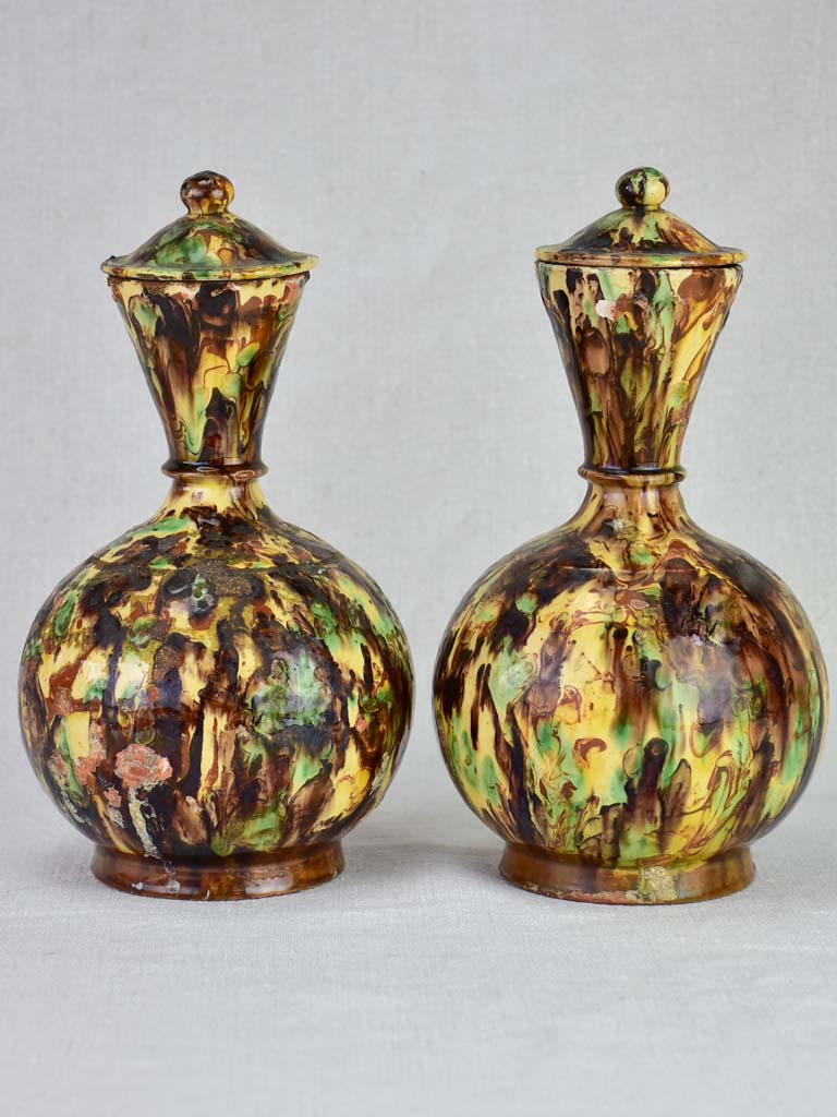 Pair of round clay pitchers with lids from Central France 11"