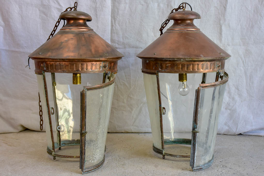 Large pair of French copper lanterns from the early 20th Century 26"