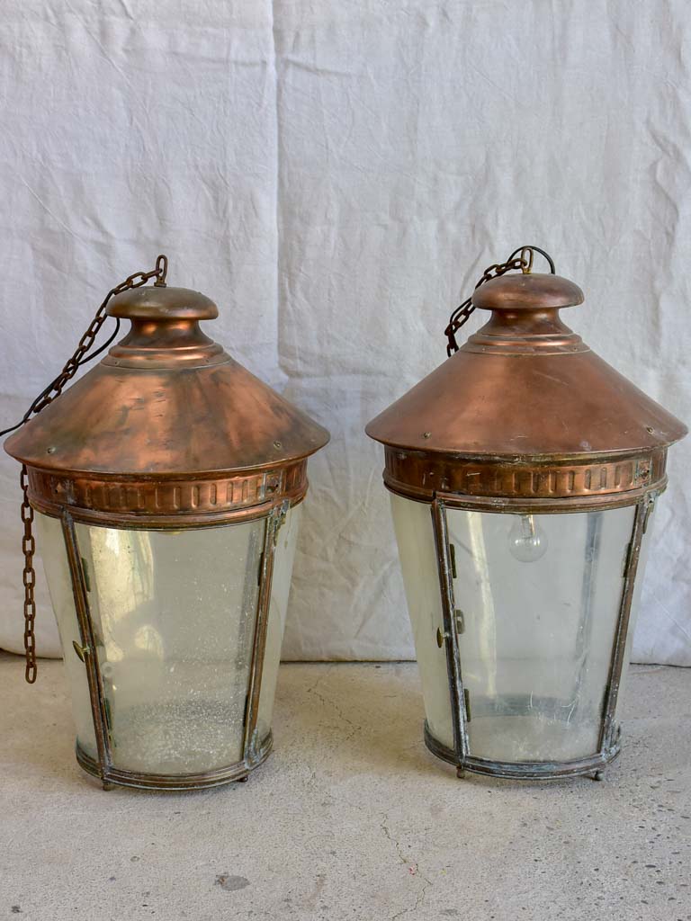 Large pair of French copper lanterns from the early 20th Century 26"