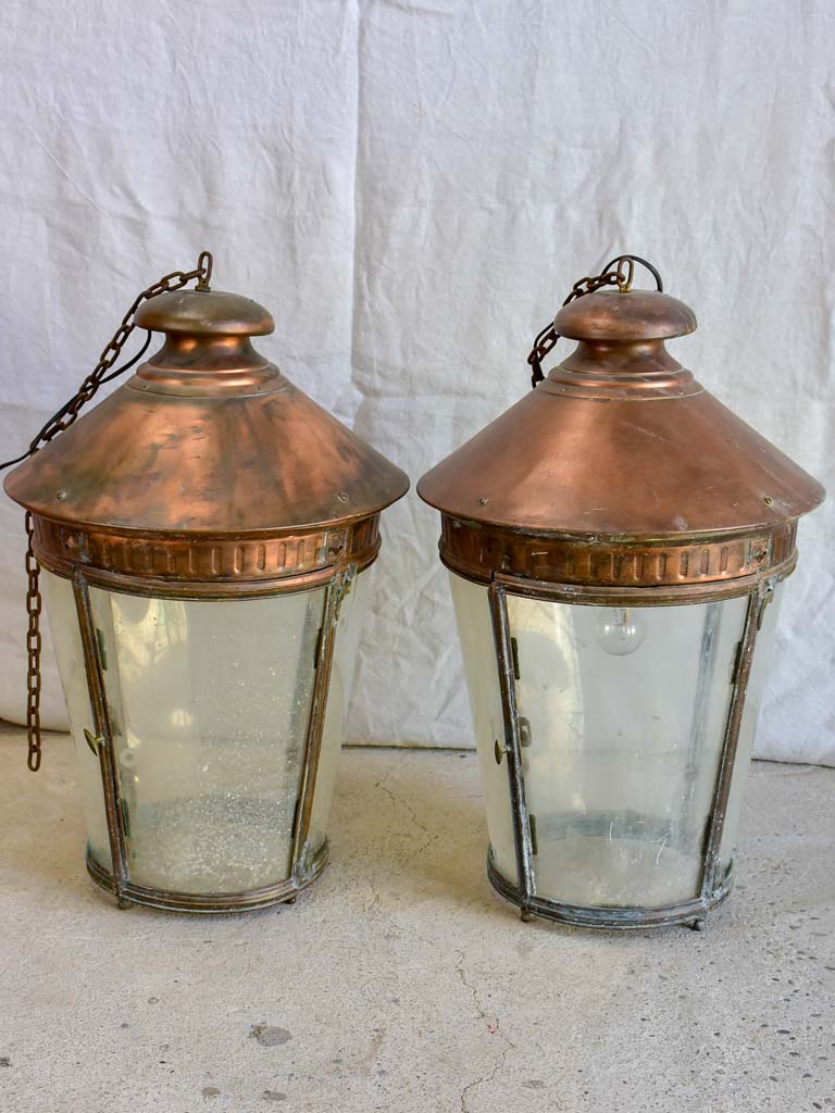 Large pair of French copper lanterns from the early 20th Century 26"