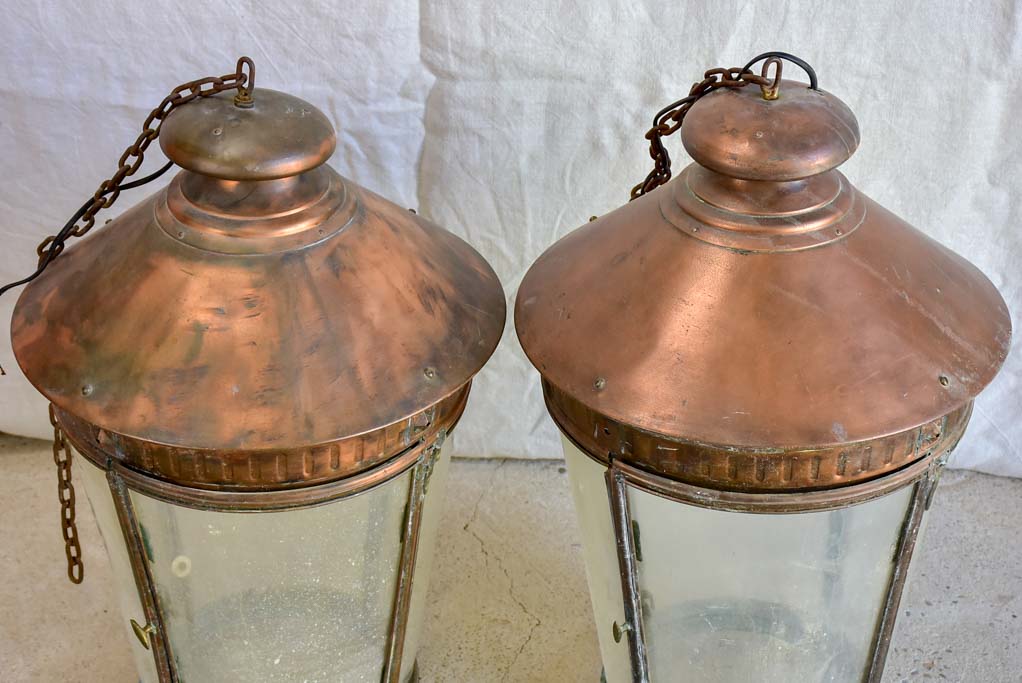 Large pair of French copper lanterns from the early 20th Century 26"