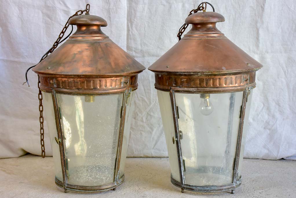 Large pair of French copper lanterns from the early 20th Century 26"