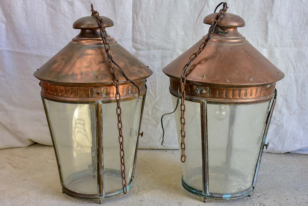 Large pair of French copper lanterns from the early 20th Century 26"