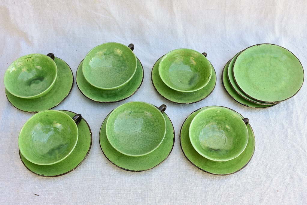 Tea service from Dieulefit with green glaze 6 cups 9 saucers