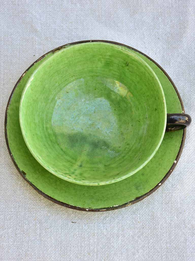 Tea service from Dieulefit with green glaze 6 cups 9 saucers