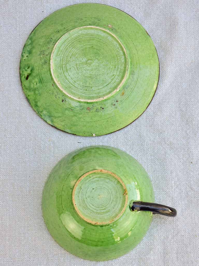 Tea service from Dieulefit with green glaze 6 cups 9 saucers