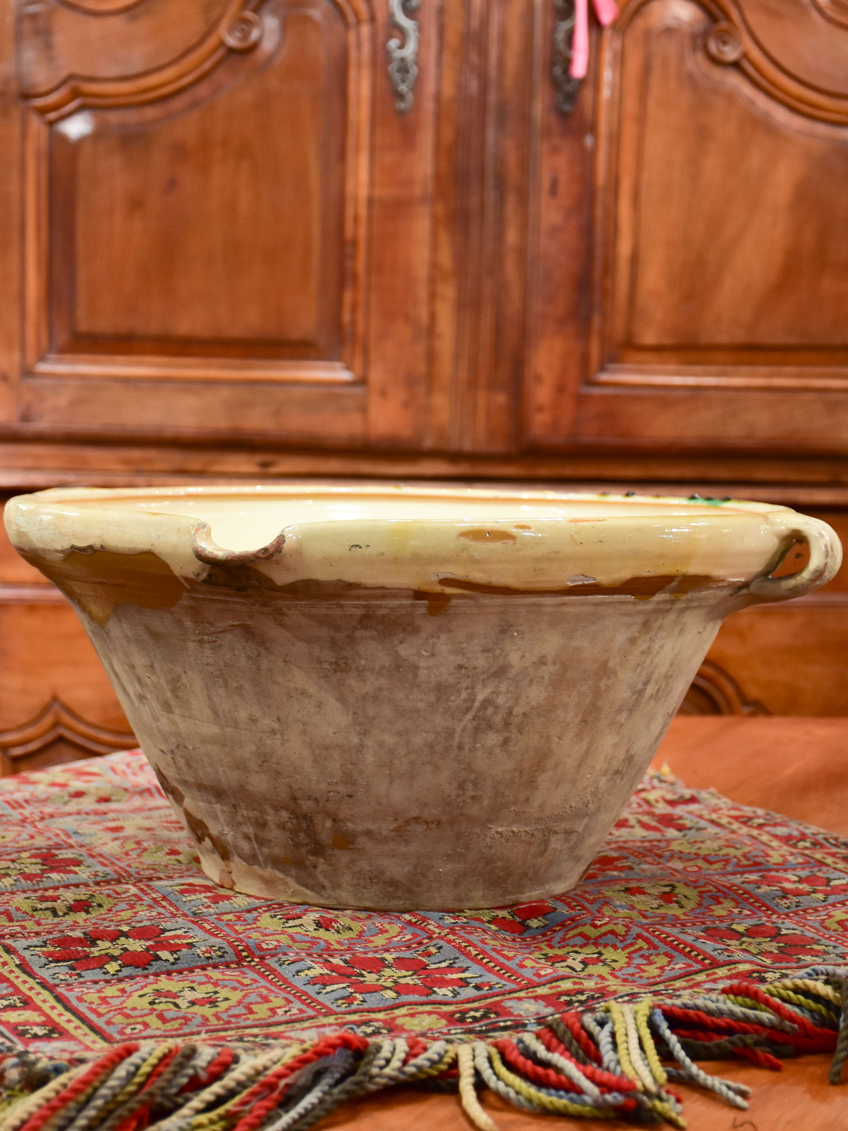 19th century French preserving bowl with yellow and green glaze