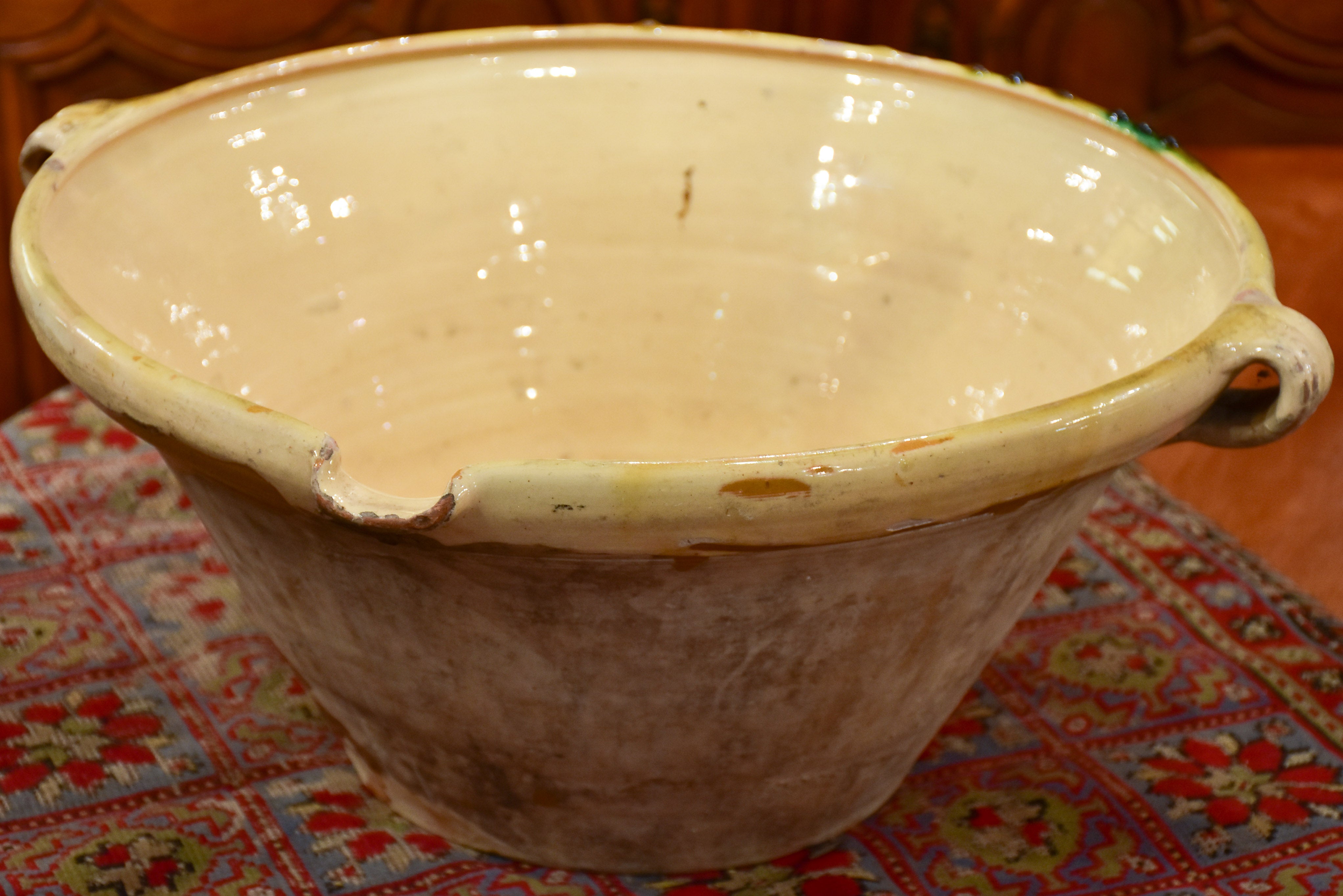 19th century French preserving bowl with yellow and green glaze