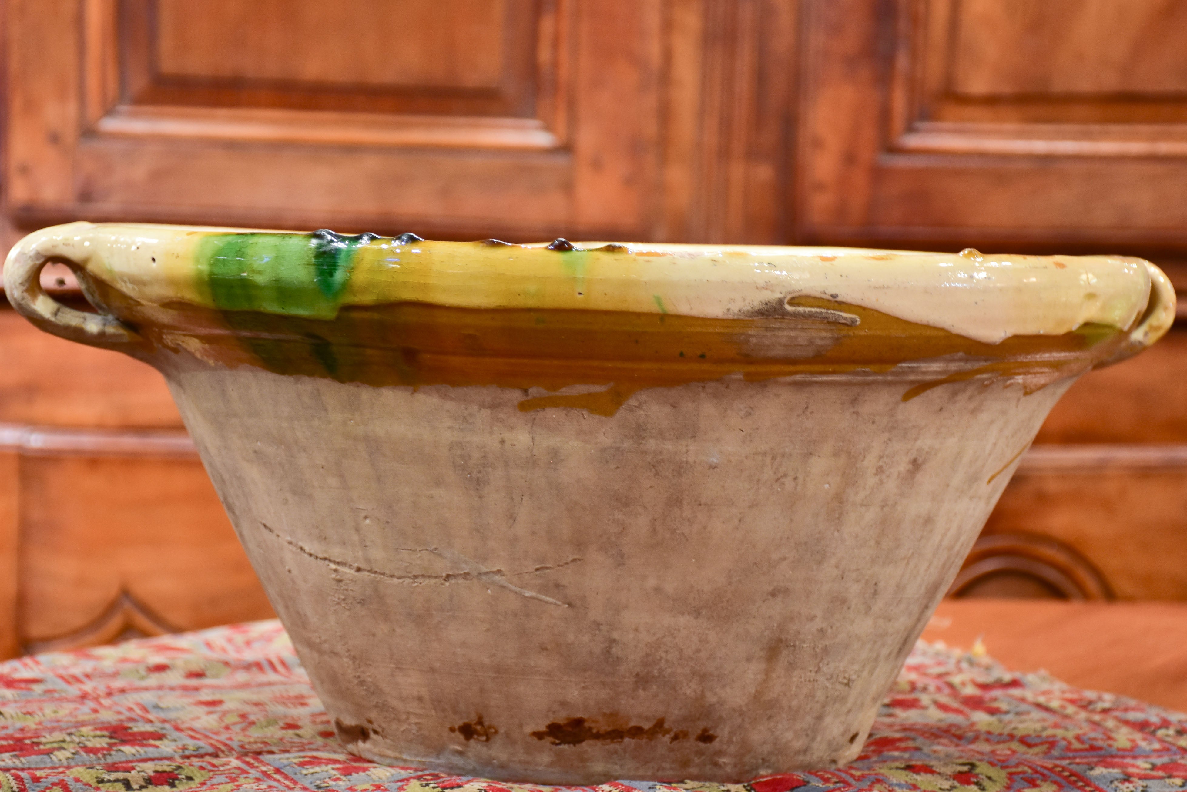 19th century French preserving bowl with yellow and green glaze