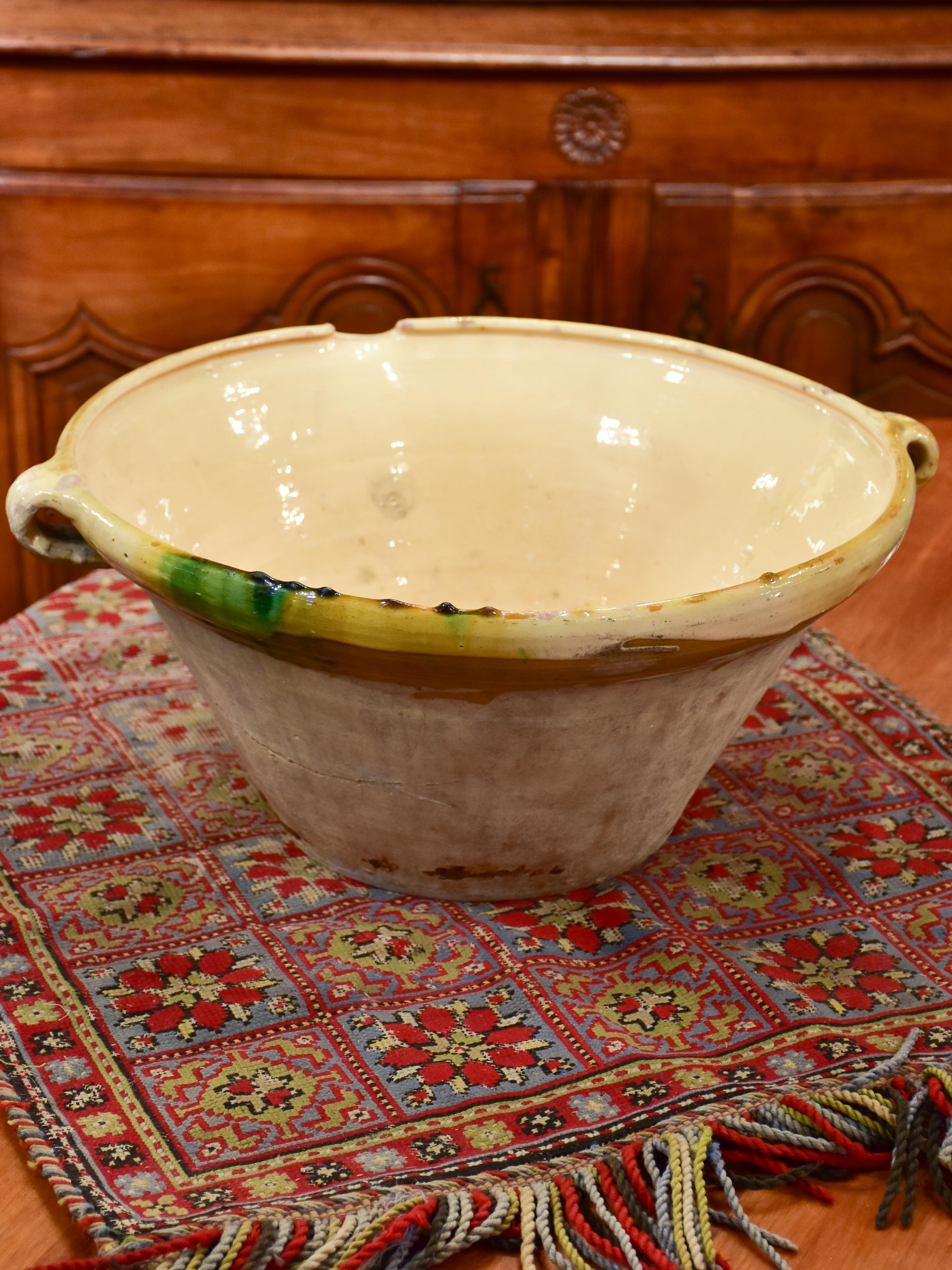 19th century French preserving bowl with yellow and green glaze