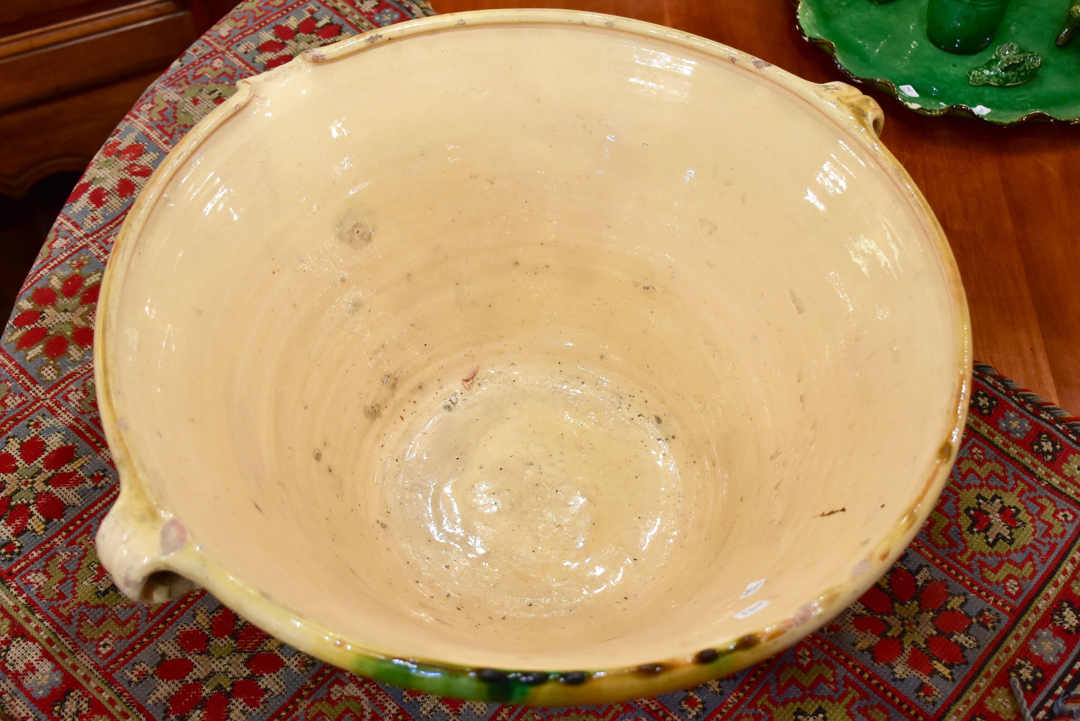 19th century French preserving bowl with yellow and green glaze