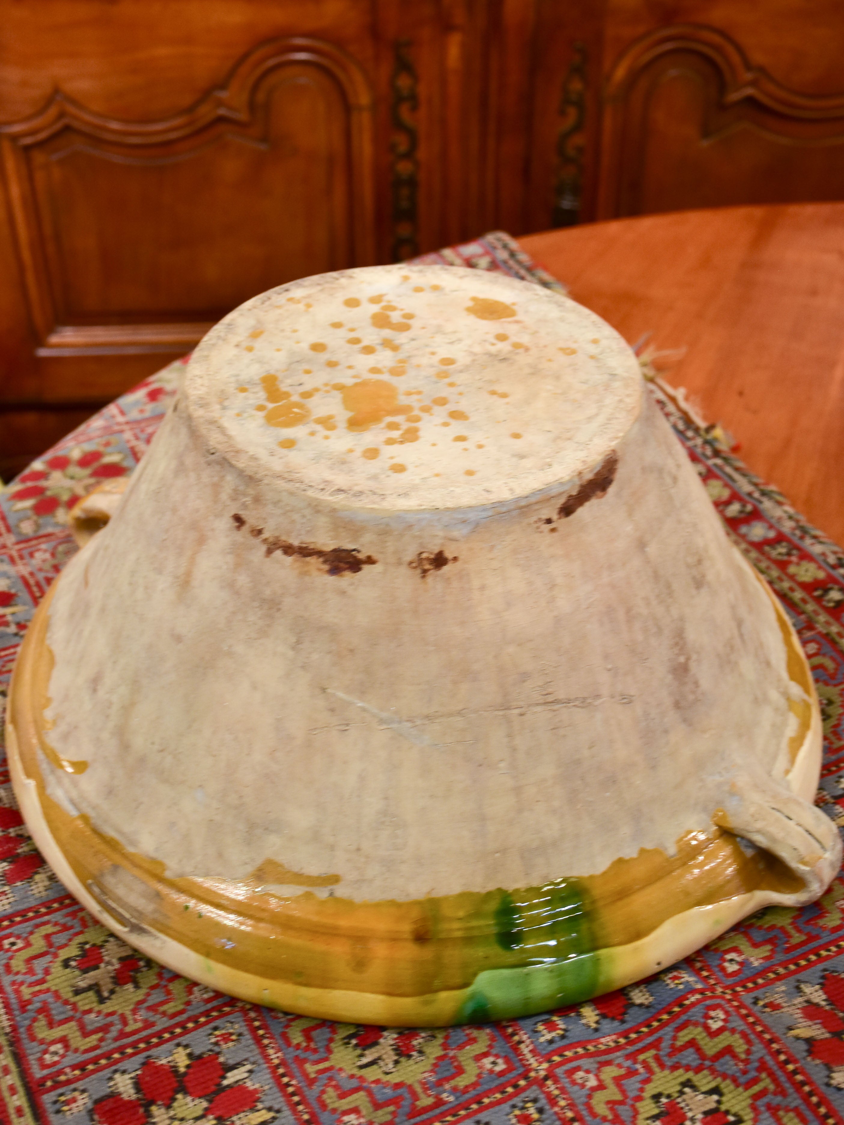 19th century French preserving bowl with yellow and green glaze