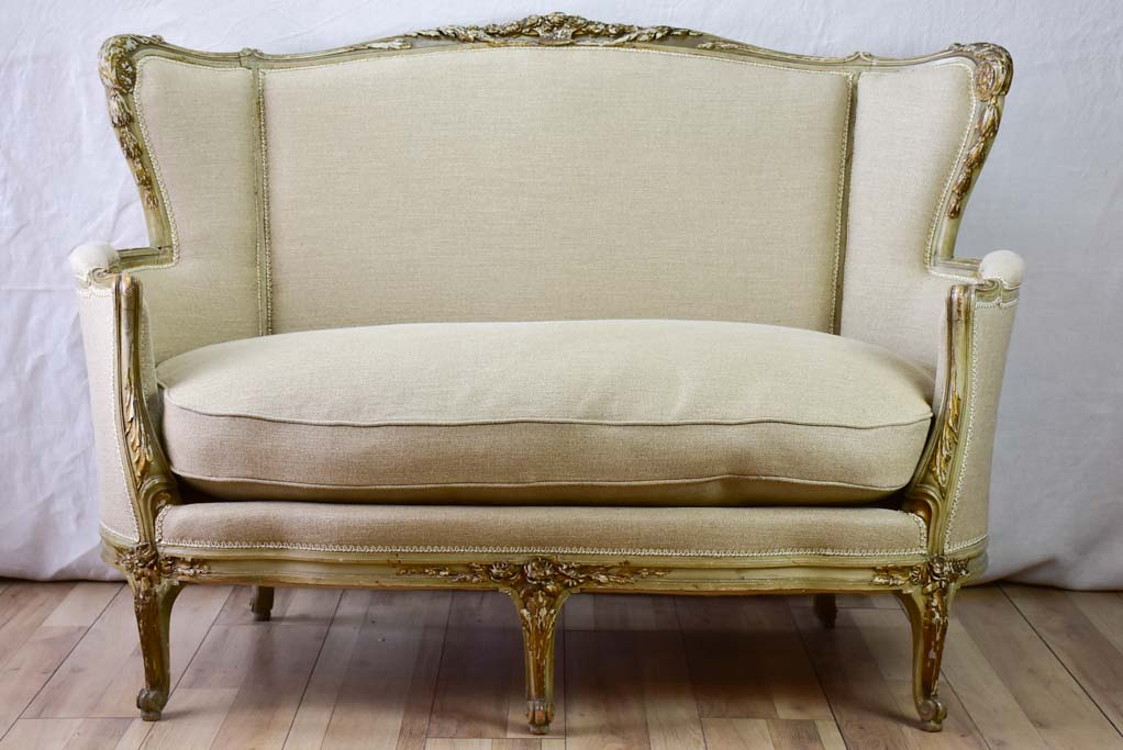 19th Century French sofa / settee with original patina and new linen upholstery 55½"