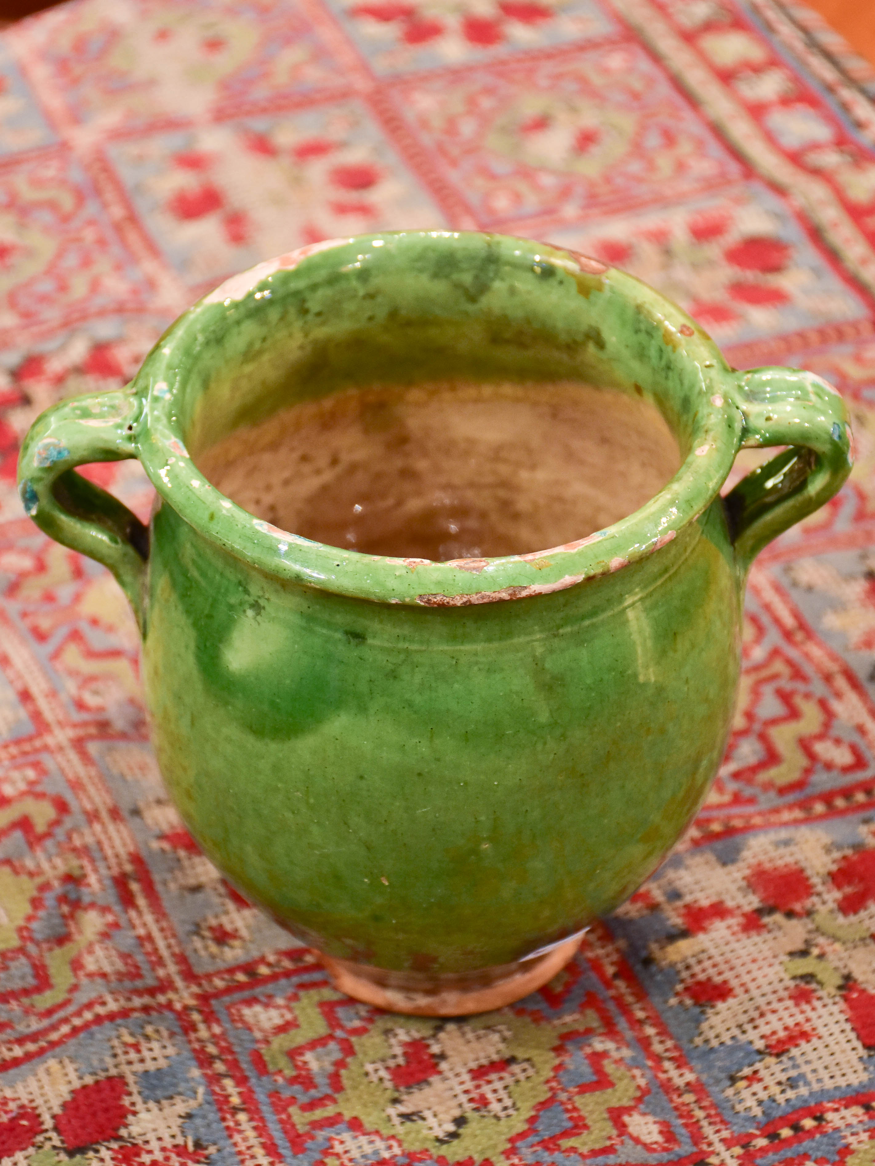 Antique French confit pot with emerald green glaze