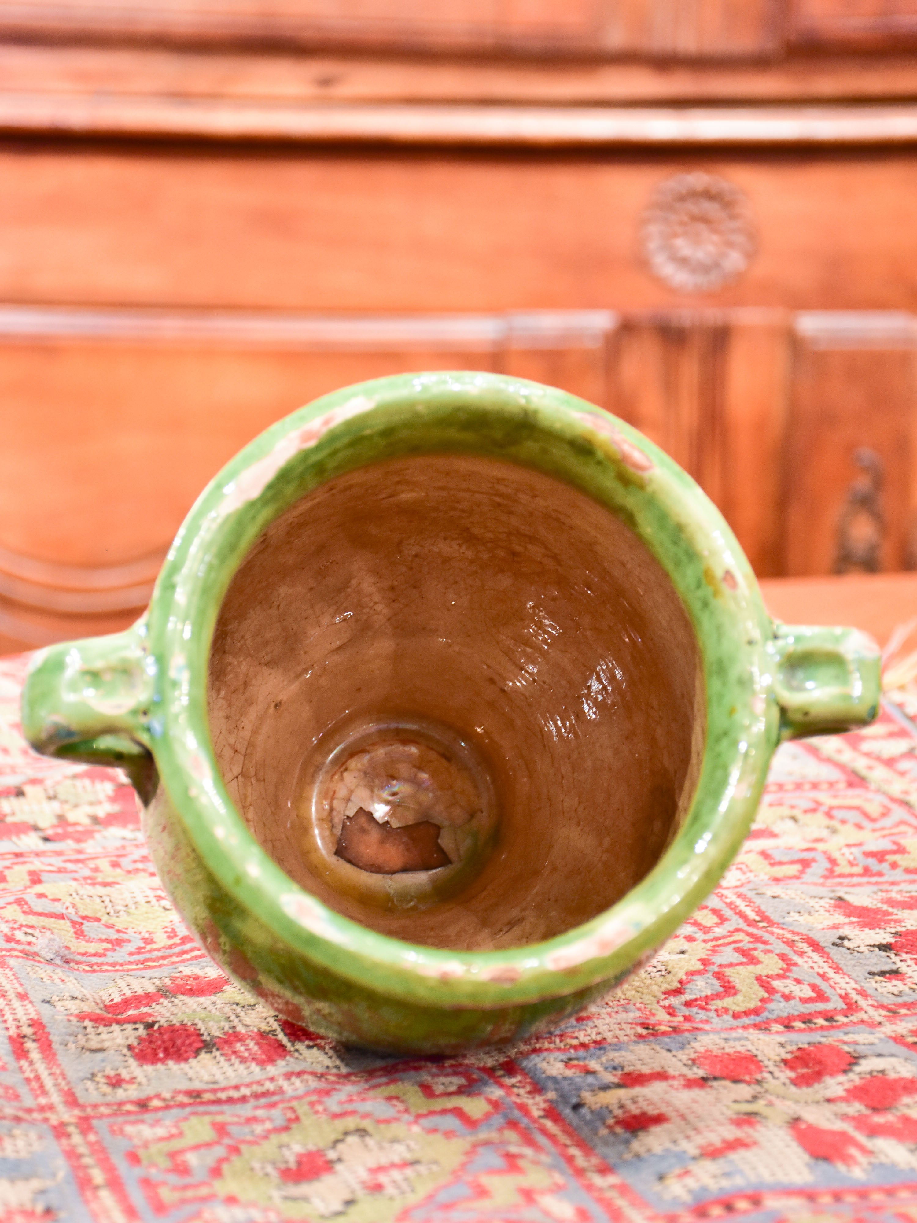 Antique French confit pot with emerald green glaze