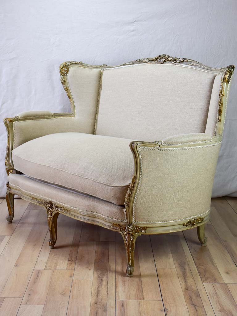 19th Century French sofa / settee with original patina and new linen upholstery 55½"