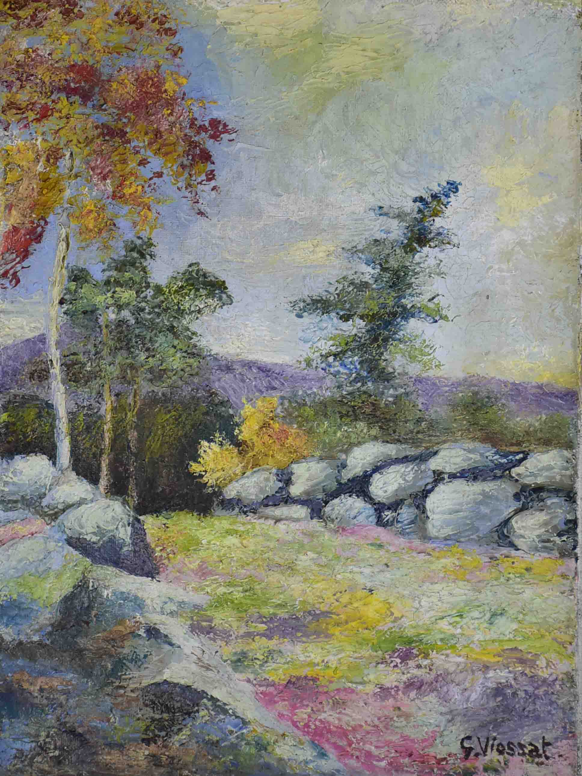 Small antique French painting of the fall countryside 21 ¼'' x 13”