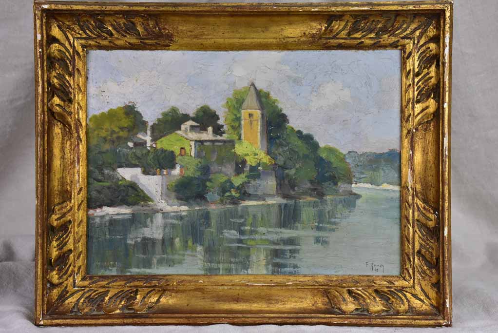 [RESERVED S & P] Small French painting of a church on a river 1933 - framed 17" x 13½"