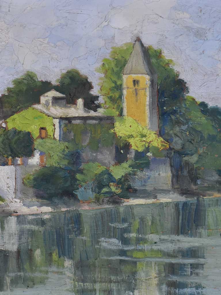 [RESERVED S & P] Small French painting of a church on a river 1933 - framed 17" x 13½"