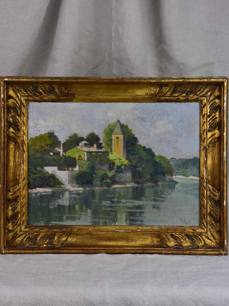 [RESERVED S & P] Small French painting of a church on a river 1933 - framed 17" x 13½"