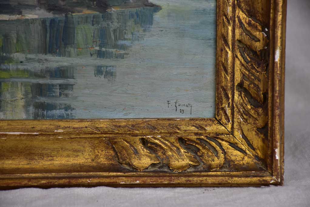 [RESERVED S & P] Small French painting of a church on a river 1933 - framed 17" x 13½"