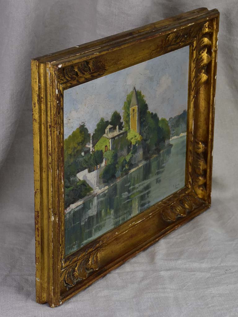 [RESERVED S & P] Small French painting of a church on a river 1933 - framed 17" x 13½"