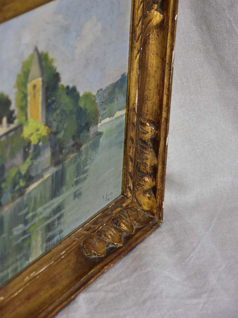 [RESERVED S & P] Small French painting of a church on a river 1933 - framed 17" x 13½"