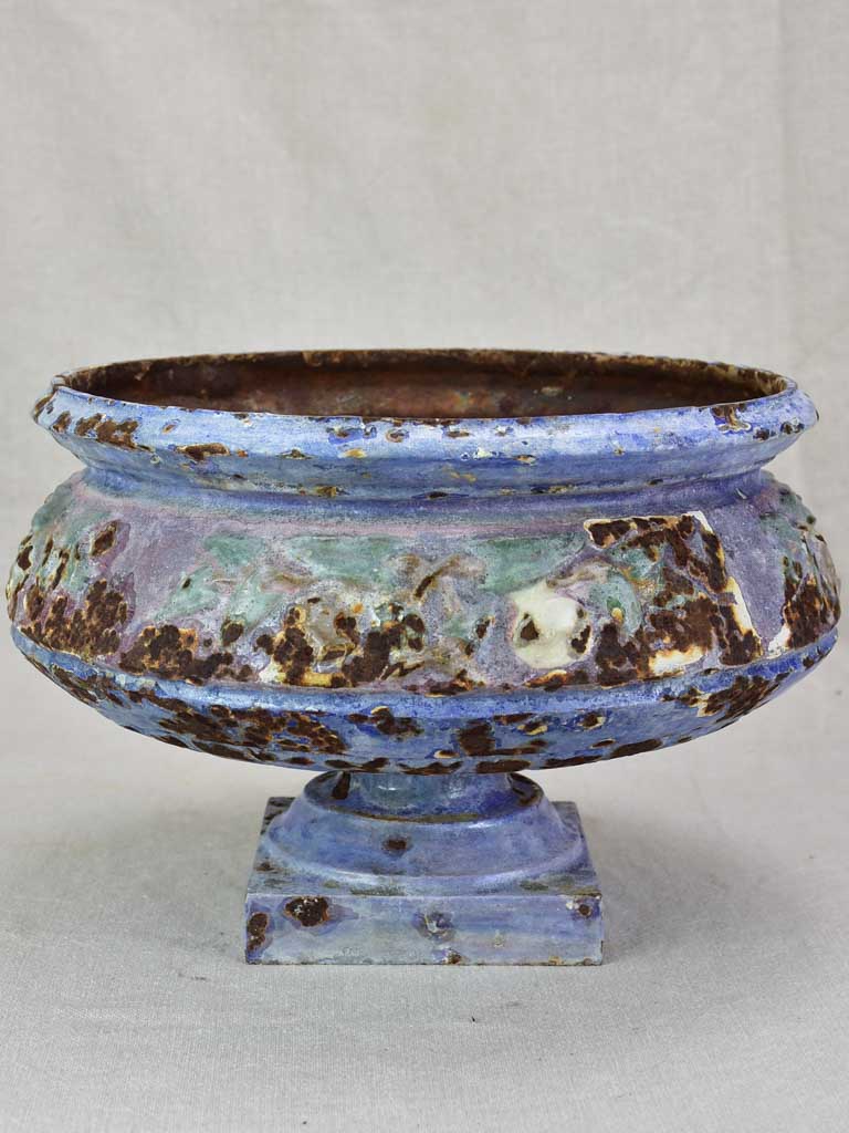 Superb 19th century enamelled cast iron planter vase with blue violet glaze