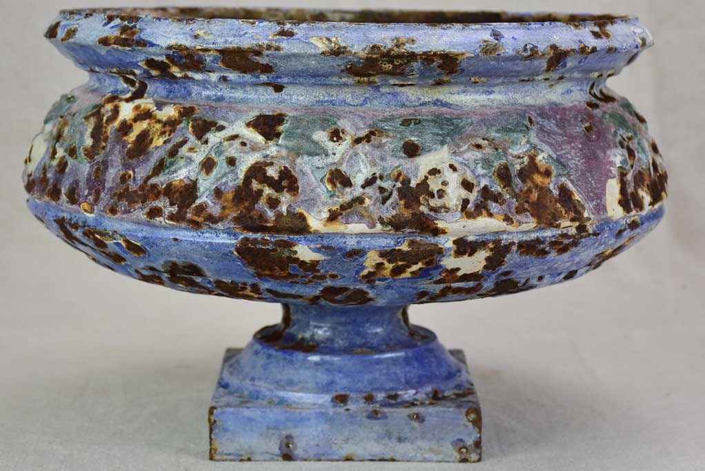 Superb 19th century enamelled cast iron planter vase with blue violet glaze