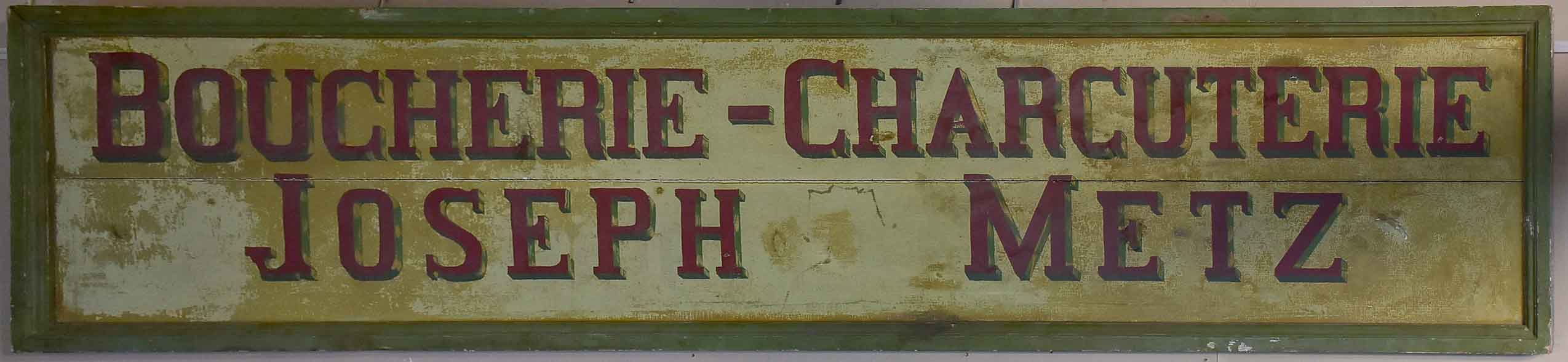 Large antique French wooden sign from a butcher's shop in Metz 21¾" x 97¾"