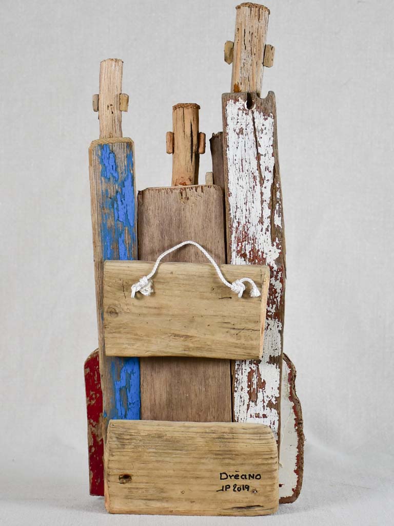 Multicolor driftwood sculpture by JP Dreano - 6 characters 15¾"