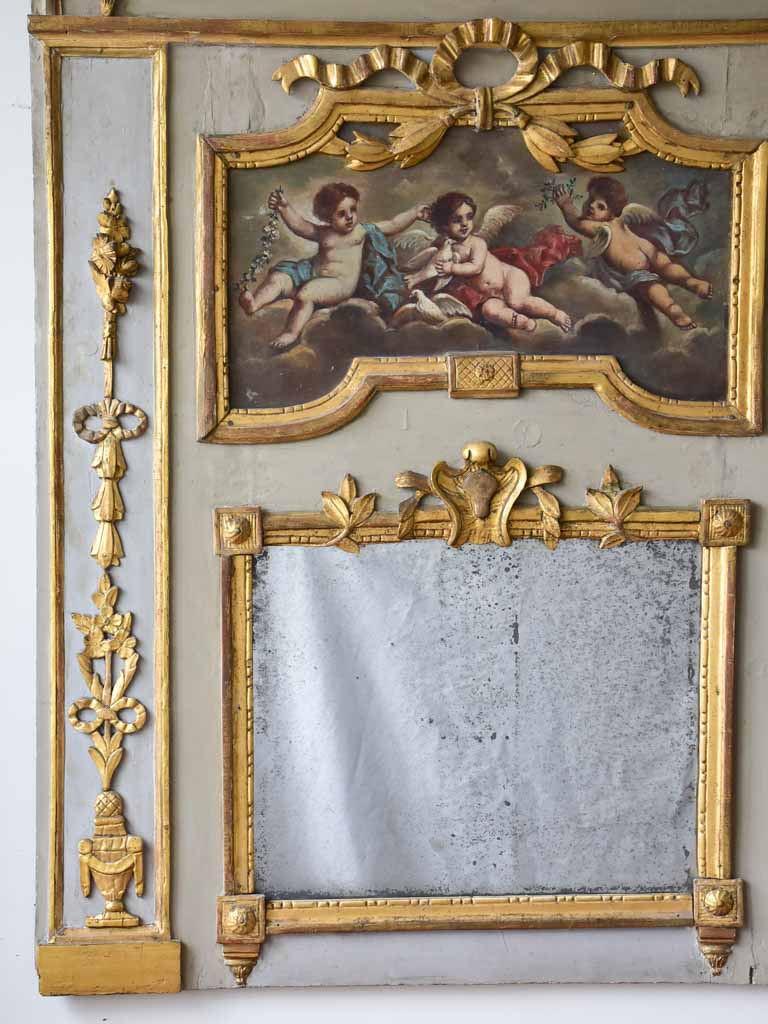 18th Century Louis XVI trumeau mirror with oil on canvas - cherubs 52¾" x 41¼"