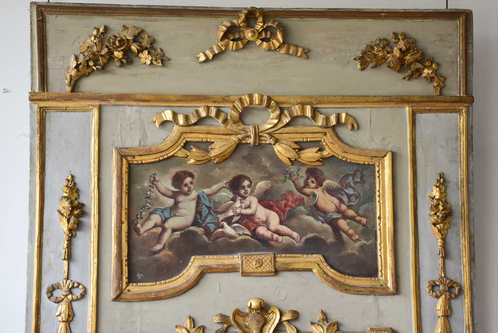 18th Century Louis XVI trumeau mirror with oil on canvas - cherubs 52¾" x 41¼"