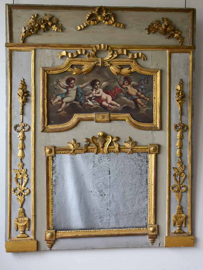 18th Century Louis XVI trumeau mirror with oil on canvas - cherubs 52¾" x 41¼"