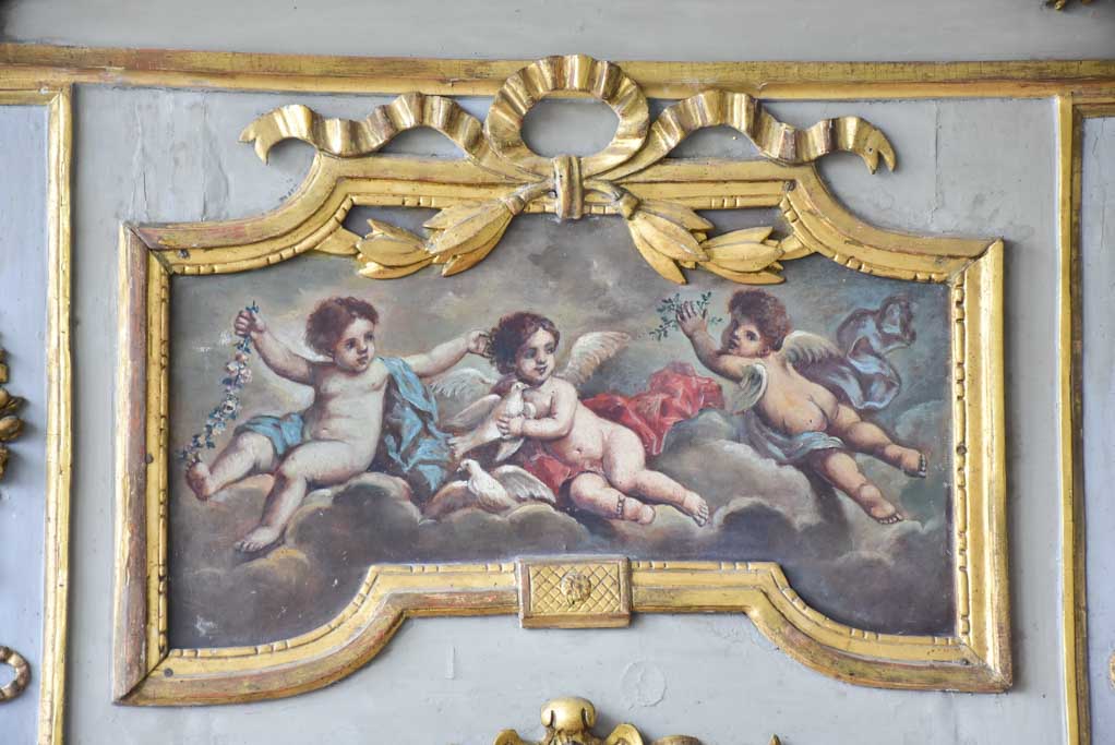 18th Century Louis XVI trumeau mirror with oil on canvas - cherubs 52¾" x 41¼"