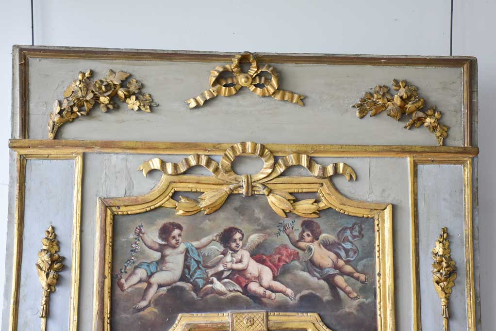 18th Century Louis XVI trumeau mirror with oil on canvas - cherubs 52¾" x 41¼"